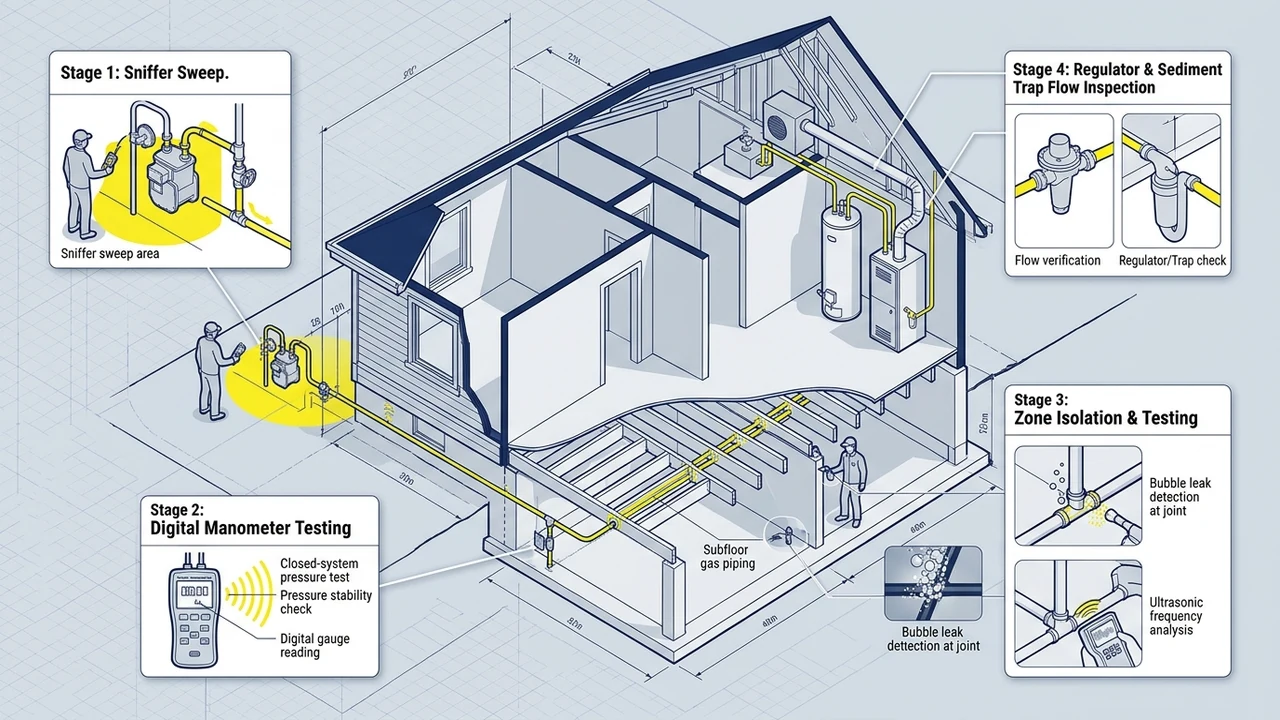 3D plumbing cutaway diagram illustrating the 4-stage professional gas leak inspection protocol in Pittsburg CA