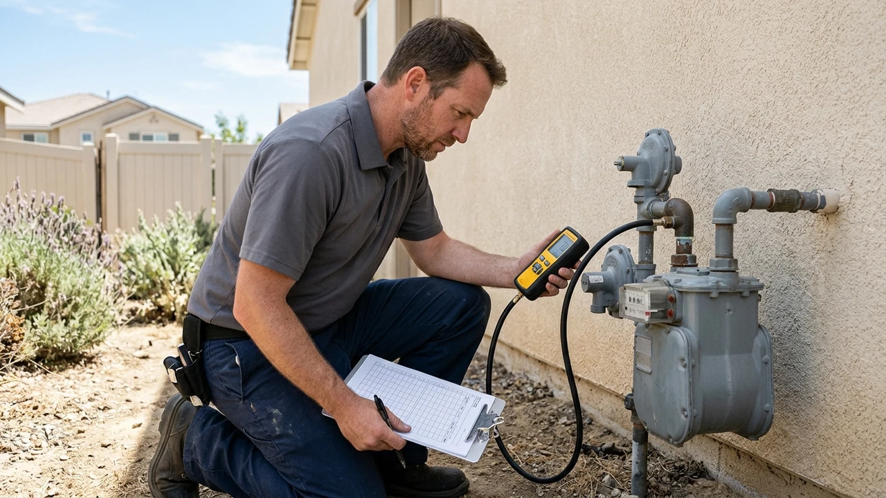 Licensed plumber in Pittsburg CA monitoring a digital manometer gauge on an exterior residential gas riser