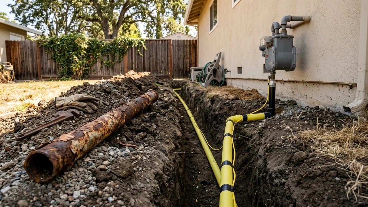 New yellow HDPE underground gas pipe with copper tracer wire beside old corroded steel gas pipe in Pittsburg CA