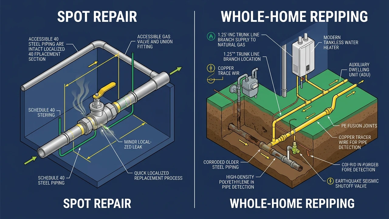 3D plumbing comparison diagram of gas line spot repair vs whole-home gas repiping in Pittsburg CA