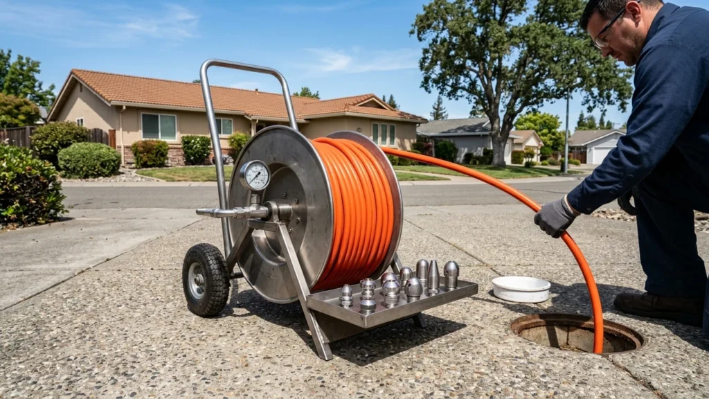 Professional hydro jetting hose reel with high-pressure orange hose and stainless steel rotary sewer nozzles on driveway in Pittsburg California