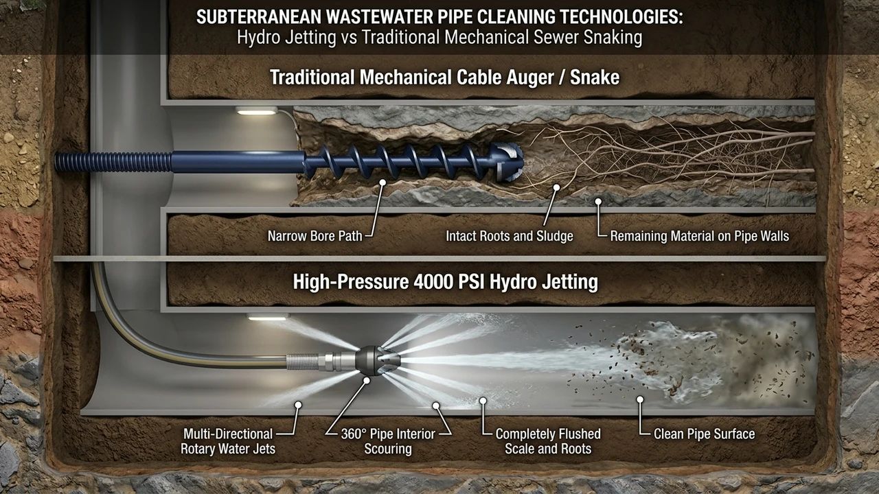 3D subterranean plumbing cutaway diagram comparing mechanical sewer cable snake boring versus 4000 PSI hydro jet pipe interior scouring