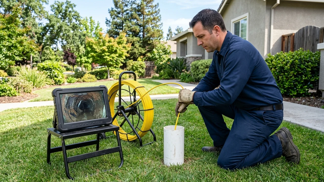 Licensed plumbing technician in plain navy shirt operating a CCTV sewer push-rod camera at outdoor cleanout with diagnostic monitor in Pittsburg CA yard