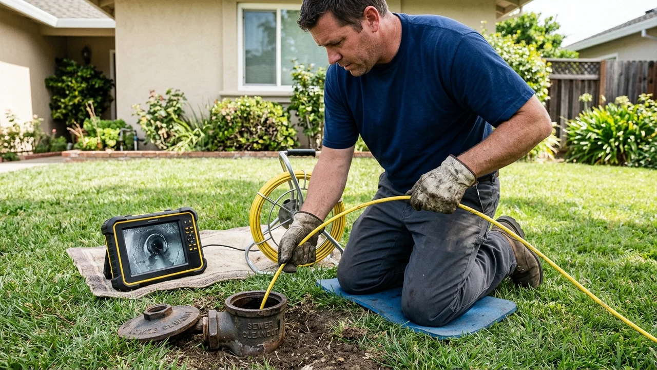 Licensed plumber feeding a fiber-optic camera push-rod into an outdoor sewer cleanout in Pittsburg California while monitoring pipe conditions