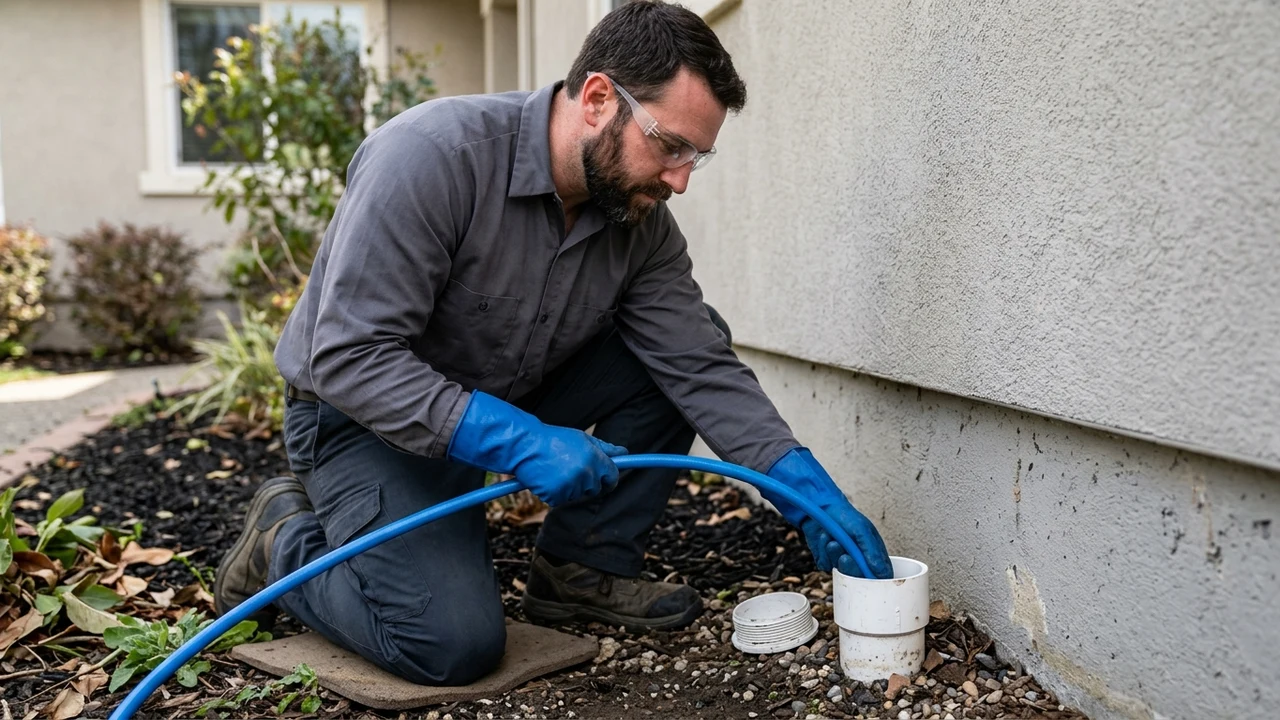Licensed plumber in plain charcoal work shirt guiding high-pressure sewer jetting hose into residential cleanout pipe in Pittsburg California