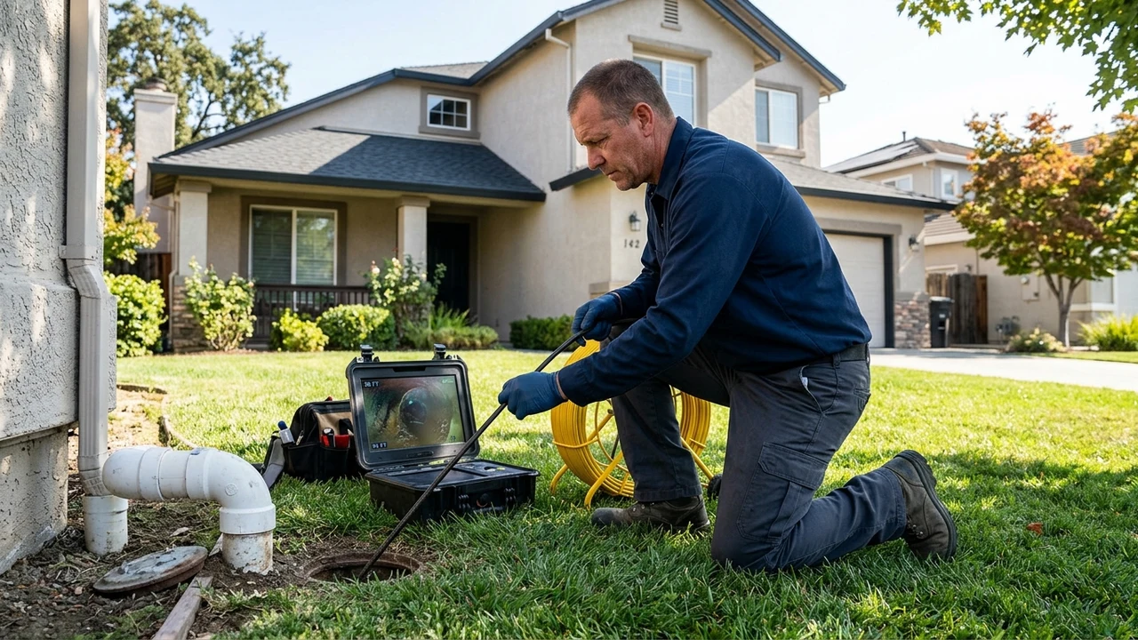 Licensed plumbing technician in plain navy shirt operating CCTV sewer inspection camera in front yard in Pittsburg California