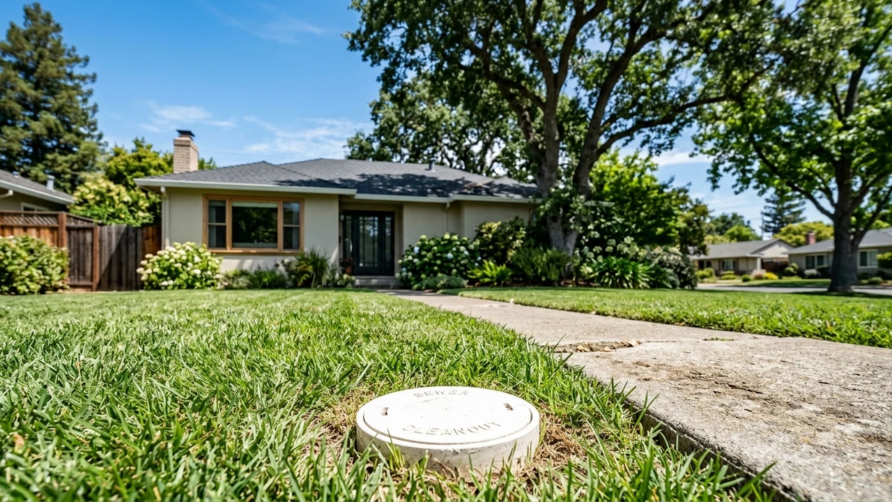 Ground level view of a residential front lawn in Pittsburg California with mature shade trees and an exterior sewer cleanout access cap