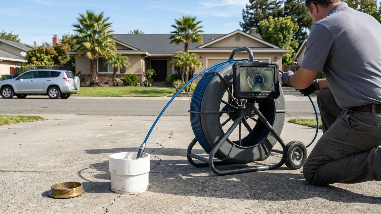 Professional sewer inspection camera reel and rugged diagnostic monitor positioned beside an outdoor PVC cleanout on a driveway in Pittsburg CA