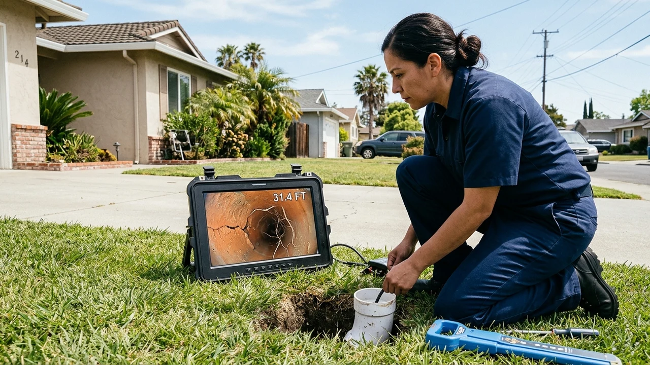 Figure 2: Plumber kneeling in grass beside sewer cleanout reviewing live camera pipe inspection monitor in Pittsburg CA