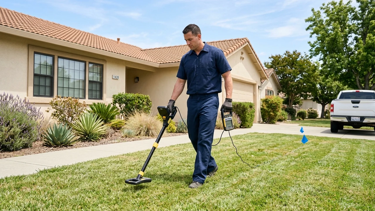 Plumber scanning residential front lawn with electronic utility locator wand in Pittsburg CA