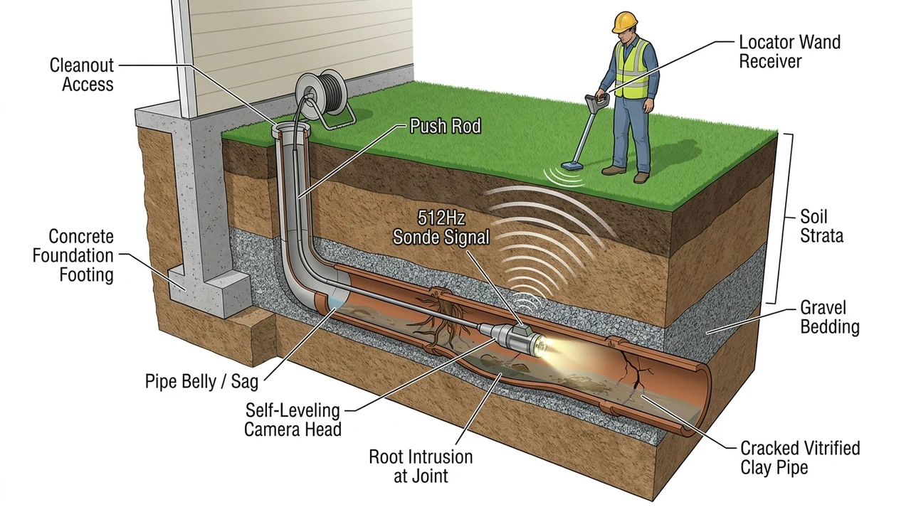 3D subterranean cross section diagram showing a self-leveling sewer camera traversing an underground lateral pipe with 512Hz Sonde depth tracing