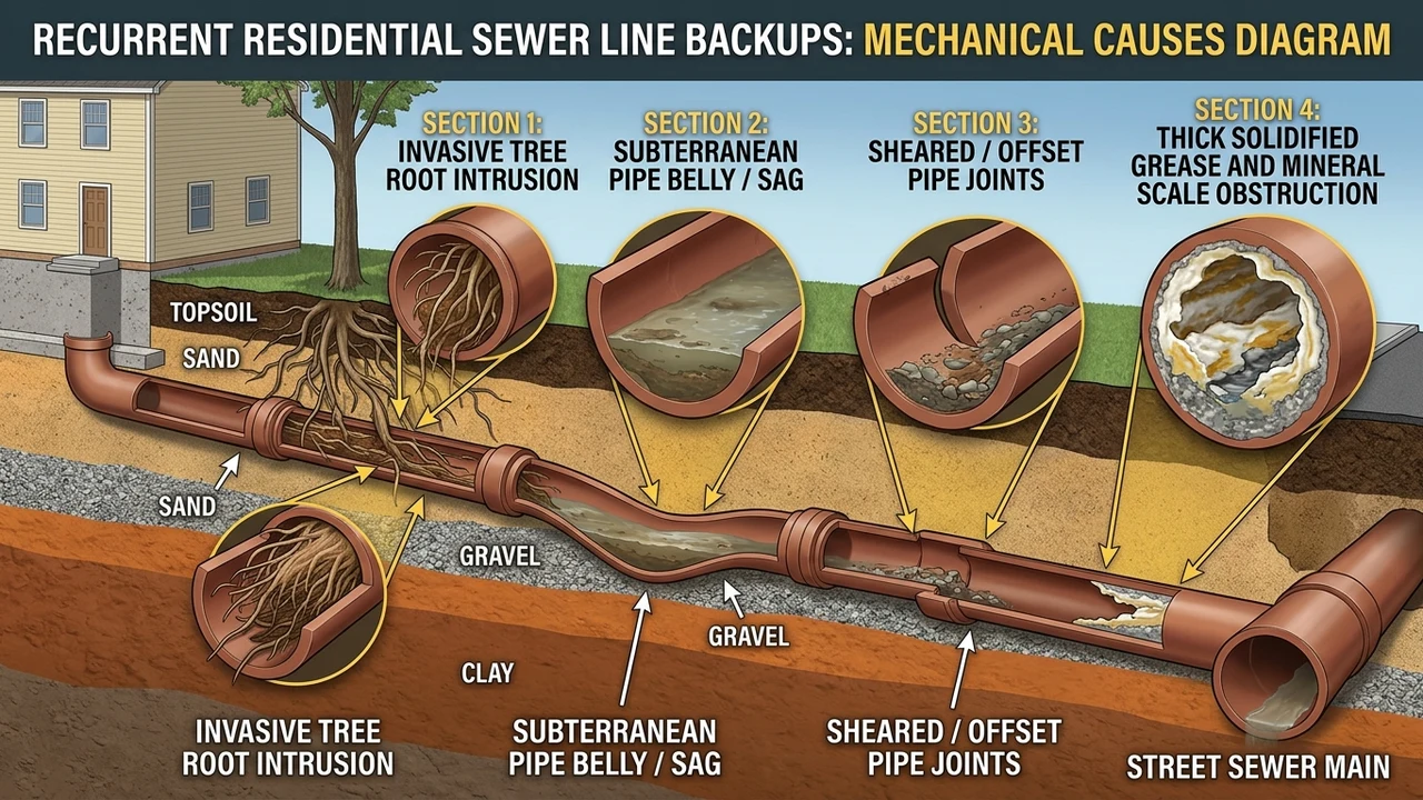 3D subterranean cross-section cutaway diagram showing tree root intrusion pipe belly offset joints and grease scale causing sewer backups