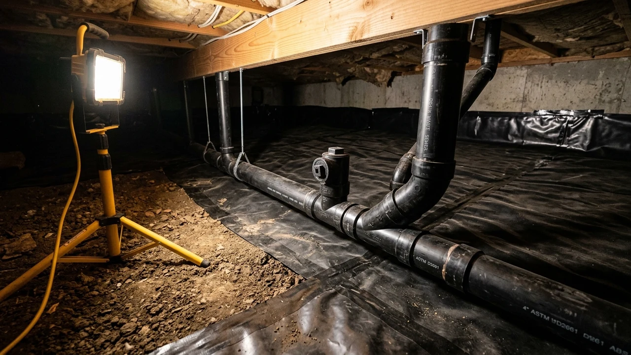 Residential crawlspace sewer drain waste lateral junction with cleanout fitting under Pittsburg California home