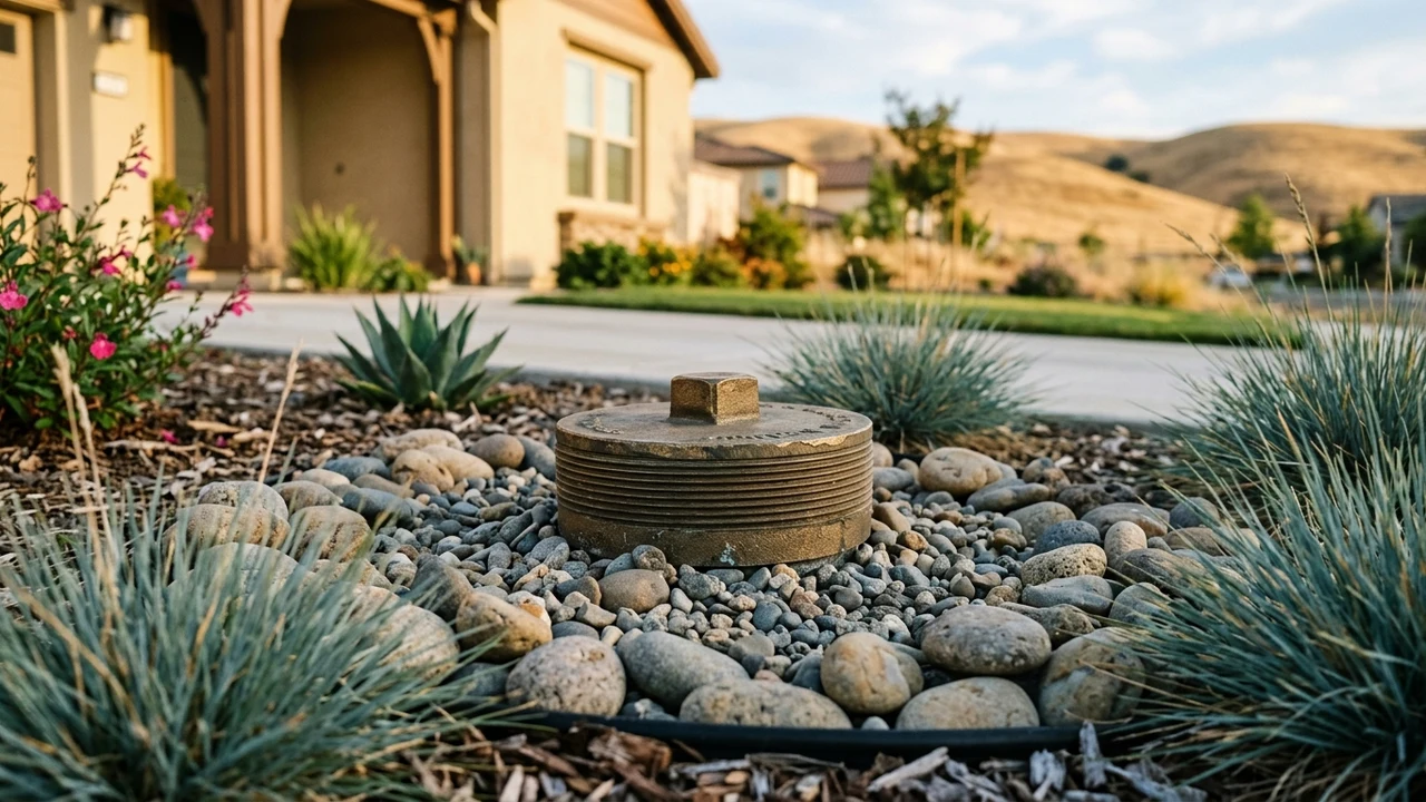 Ground-level photograph of a residential sewer cleanout riser with threaded brass cap in front yard landscaping in Pittsburg California