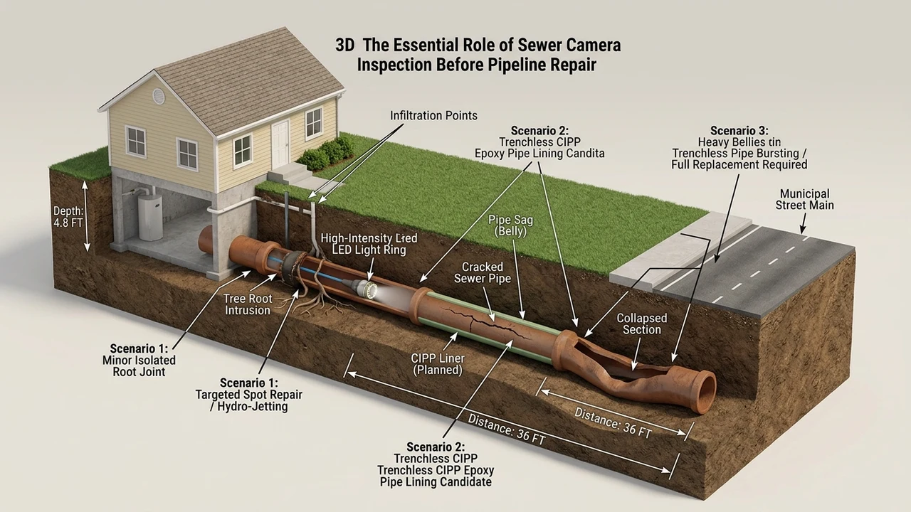 Figure 1: 3D cutaway diagram of residential sewer lateral showing camera probe navigating toward city main
