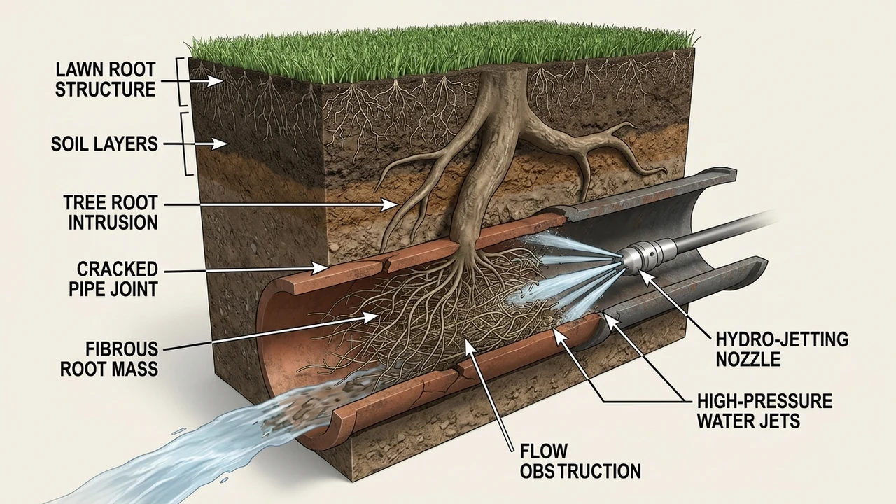 3D subterranean cross section cutaway diagram illustrating tree root intrusion into cracked sewer lateral pipe joints, root mass blockage, and hydro-jetting clearing