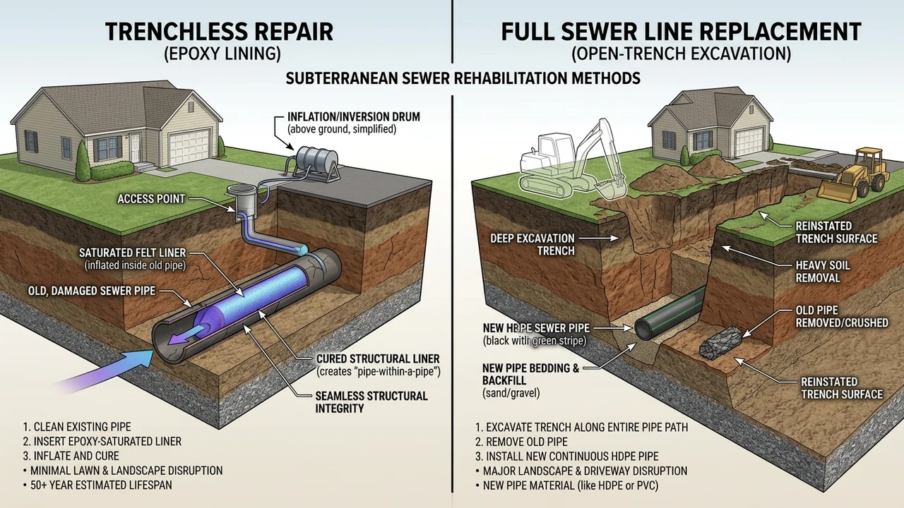 3D architectural cross-section cutaway diagram comparing trenchless CIPP epoxy lining vs open-trench sewer replacement